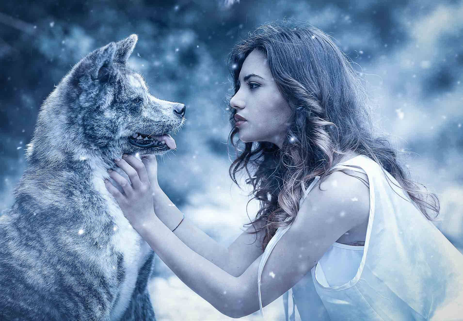 Wolf Girl With A Dog Background