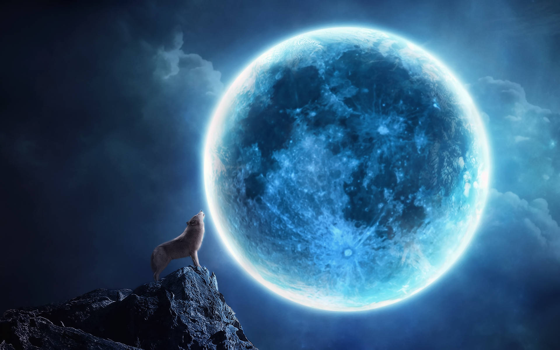 Wolf Howling At Moon Night Sky Background