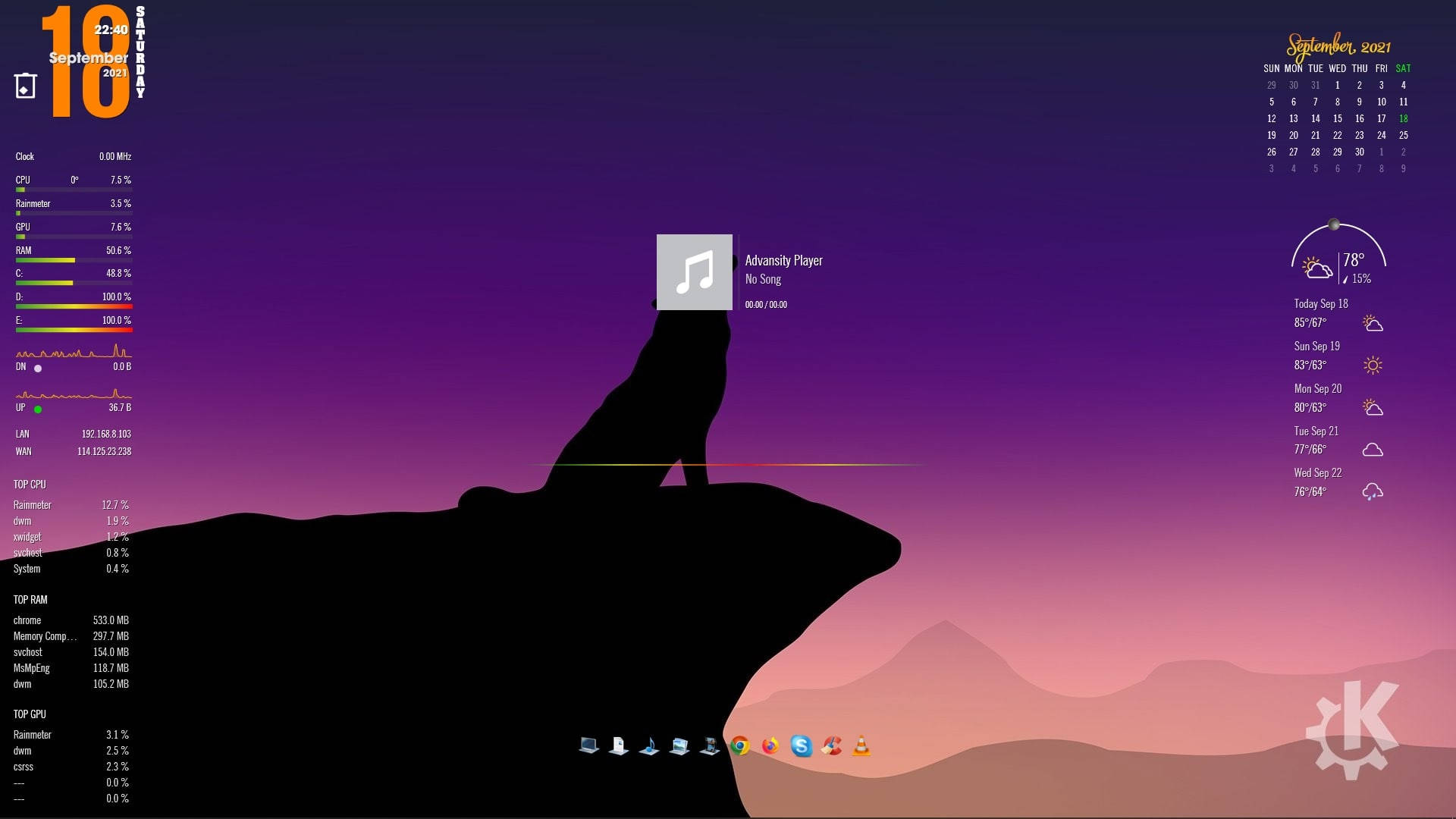 Wolf On A Cliff, A Rainmeter Skin Background