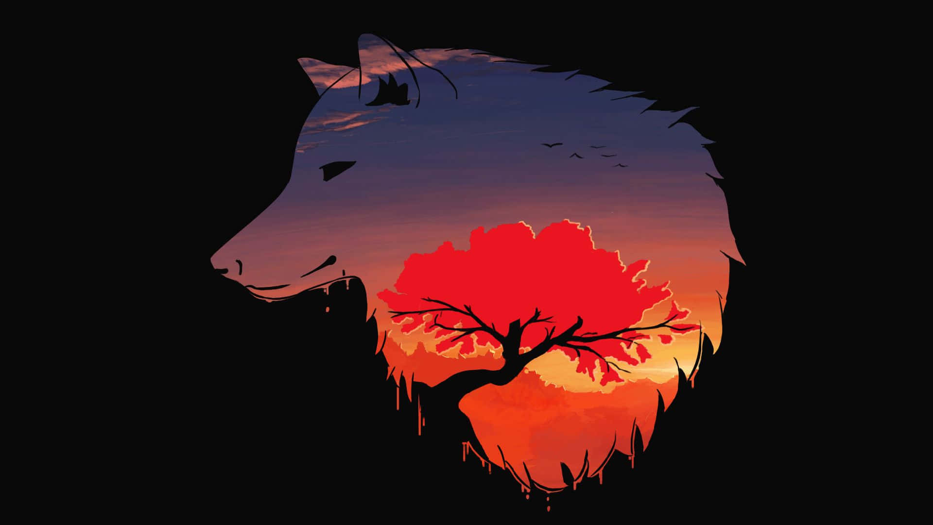 Wolf Silhouette With Tree And Sunset Background