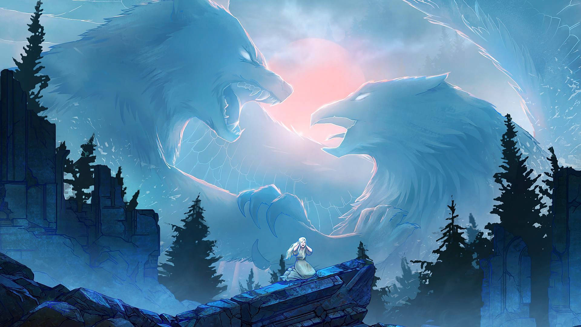 Wolf Vs Eagle Fantasy Art Background