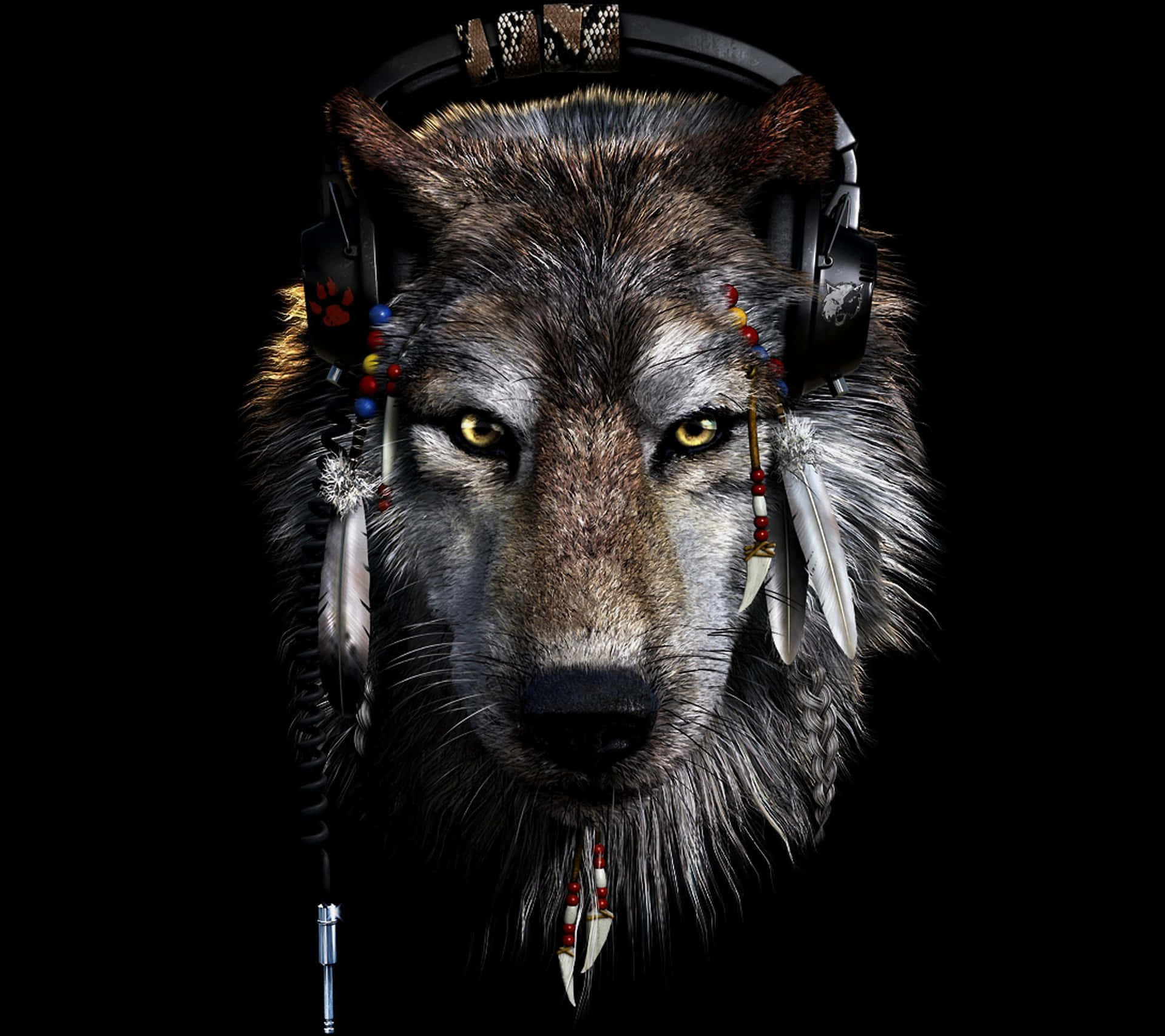 Wolf With Headphones On His Head Background