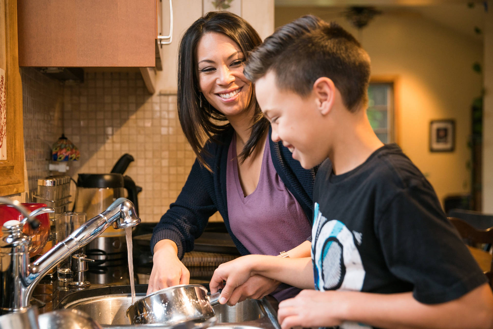 Woman And Boy House Cleaning Background