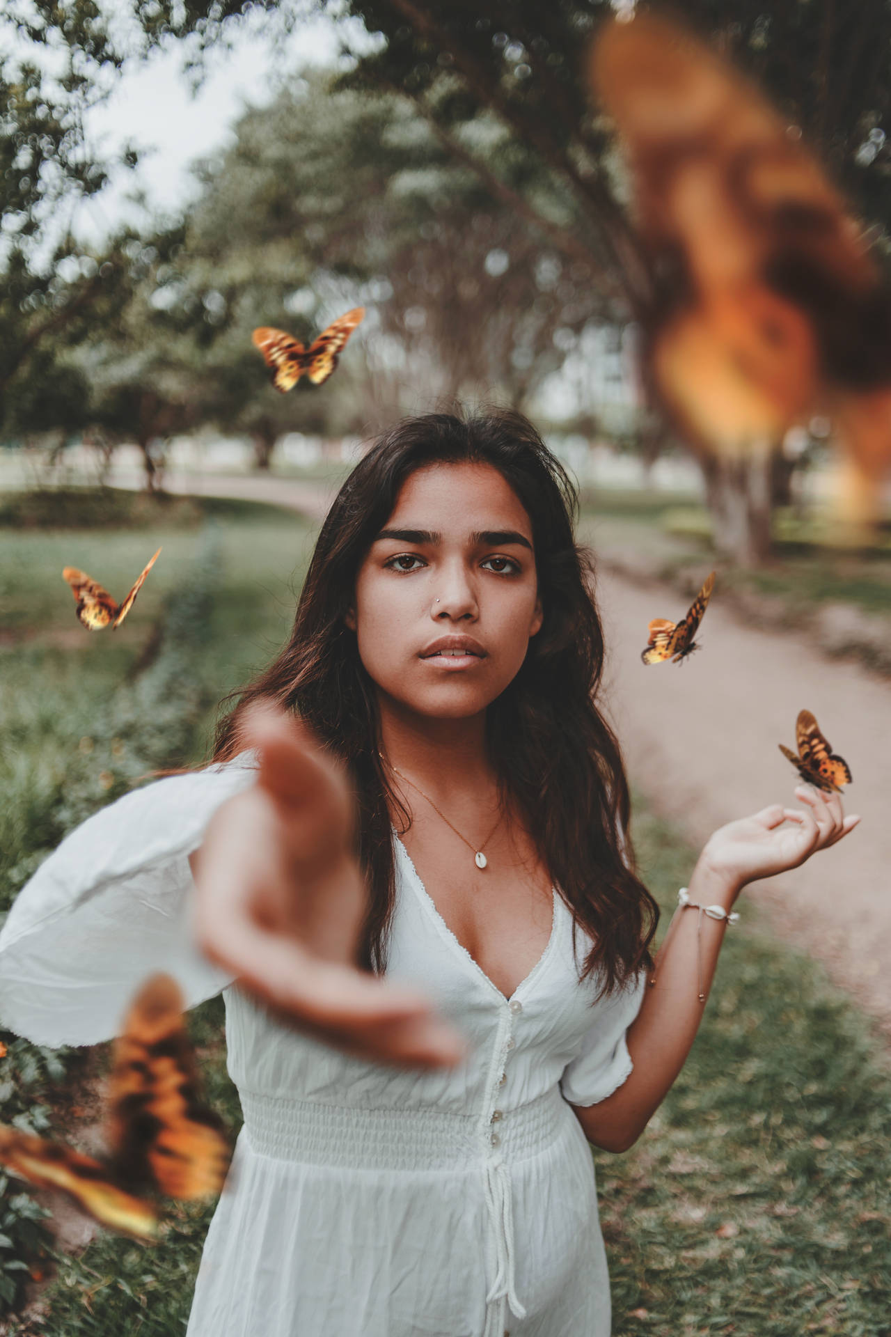 Woman And Cute Butterflies Background