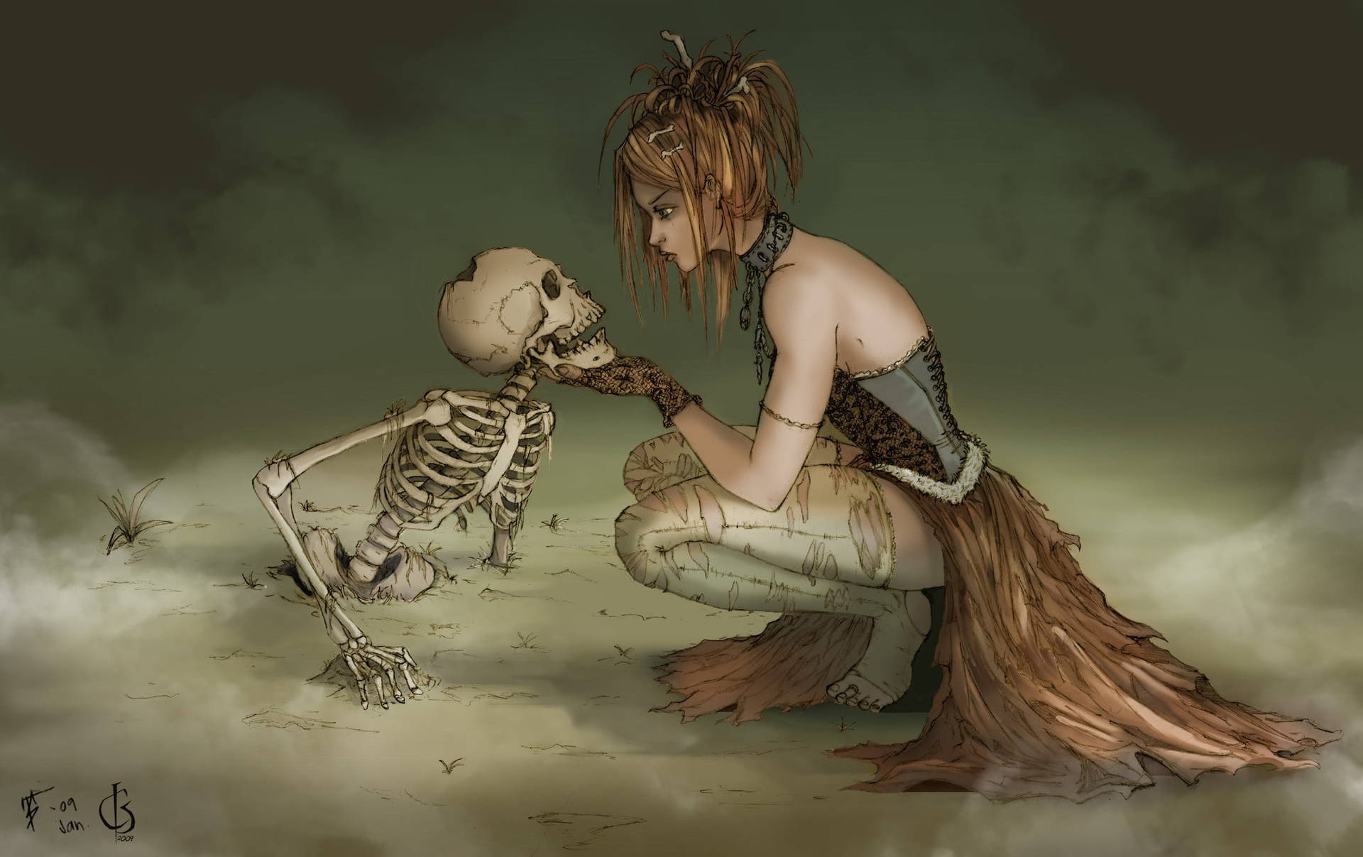 Woman And Skeleton Desktop Background