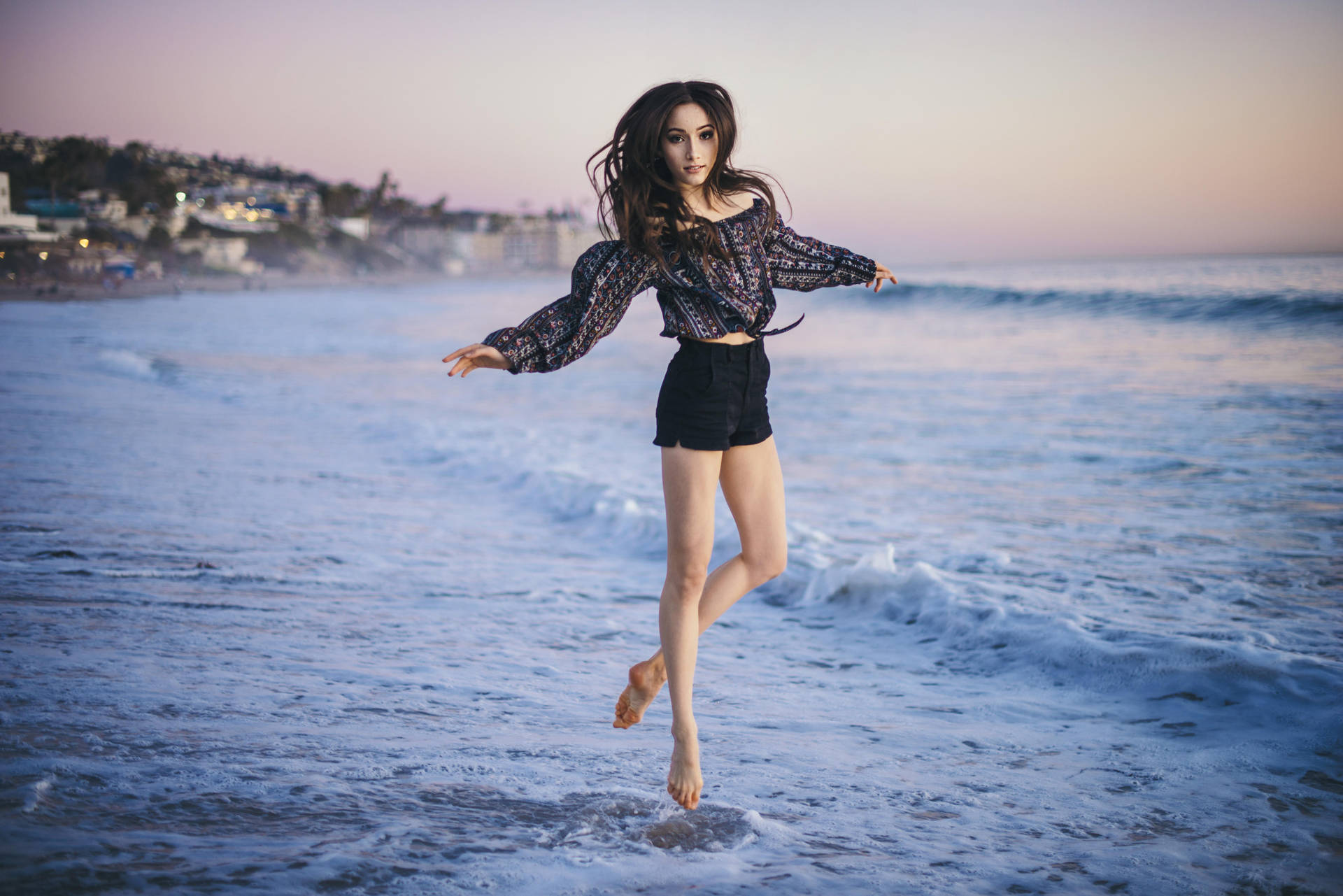 Woman Beach Black Blouse Background