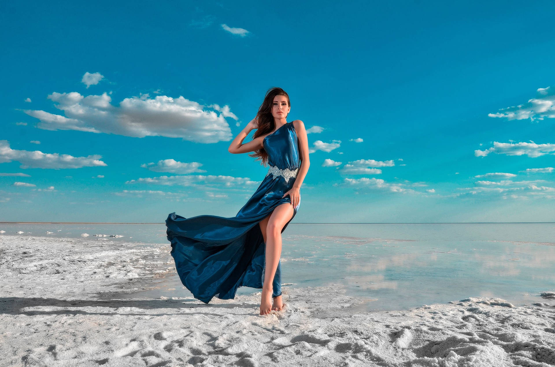 Woman Beach Blue Dress Background