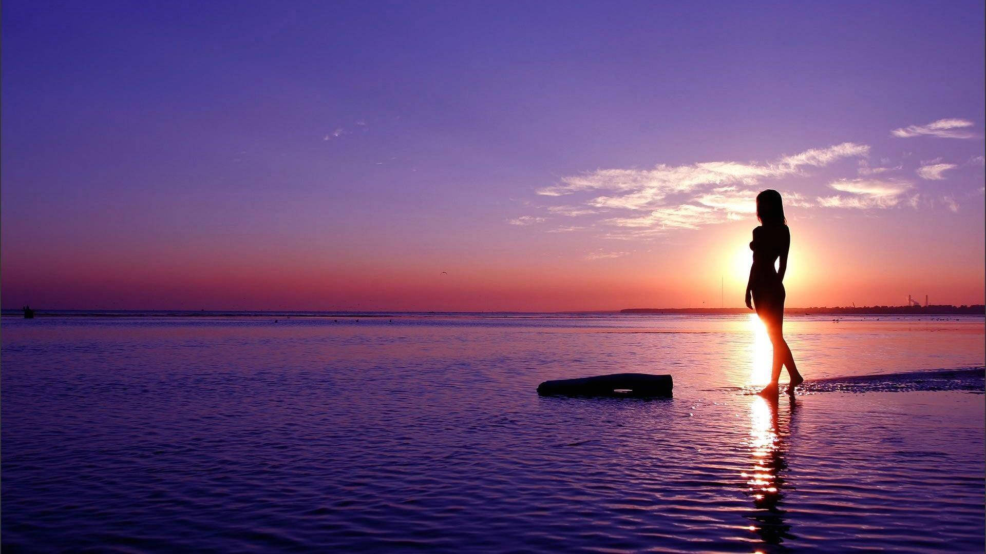 Woman Beach Purple Sky Background