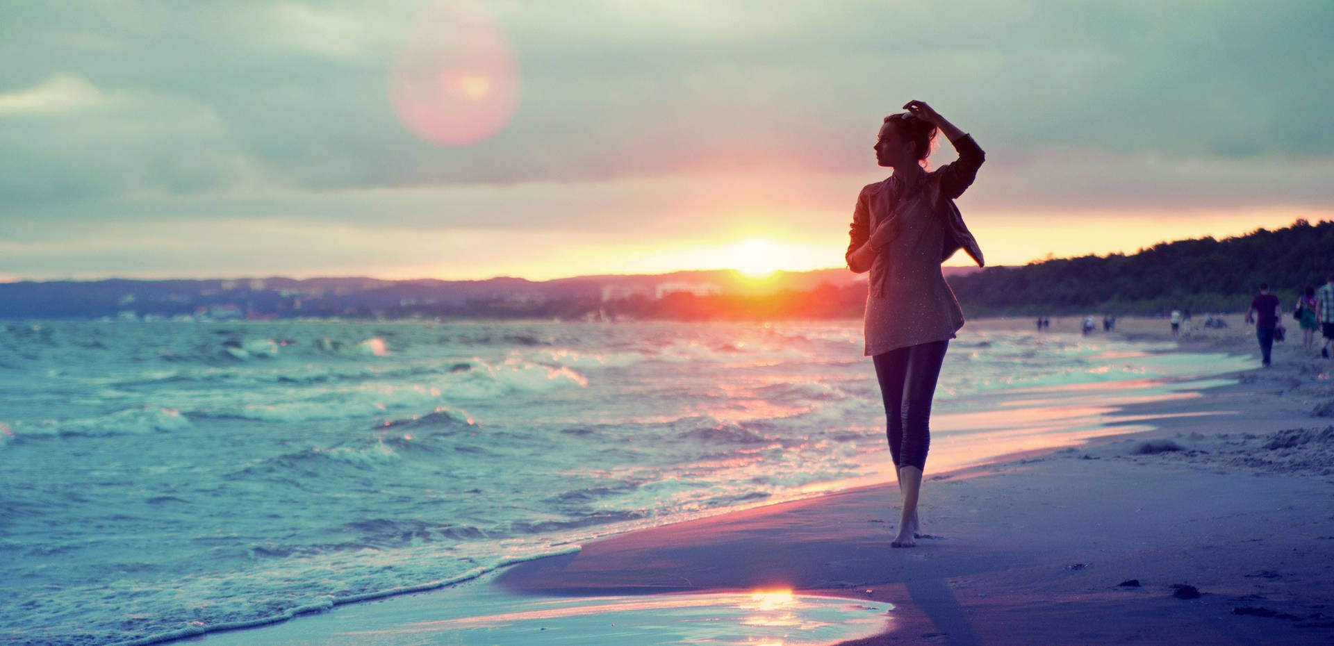 Woman Beach Sunset Background