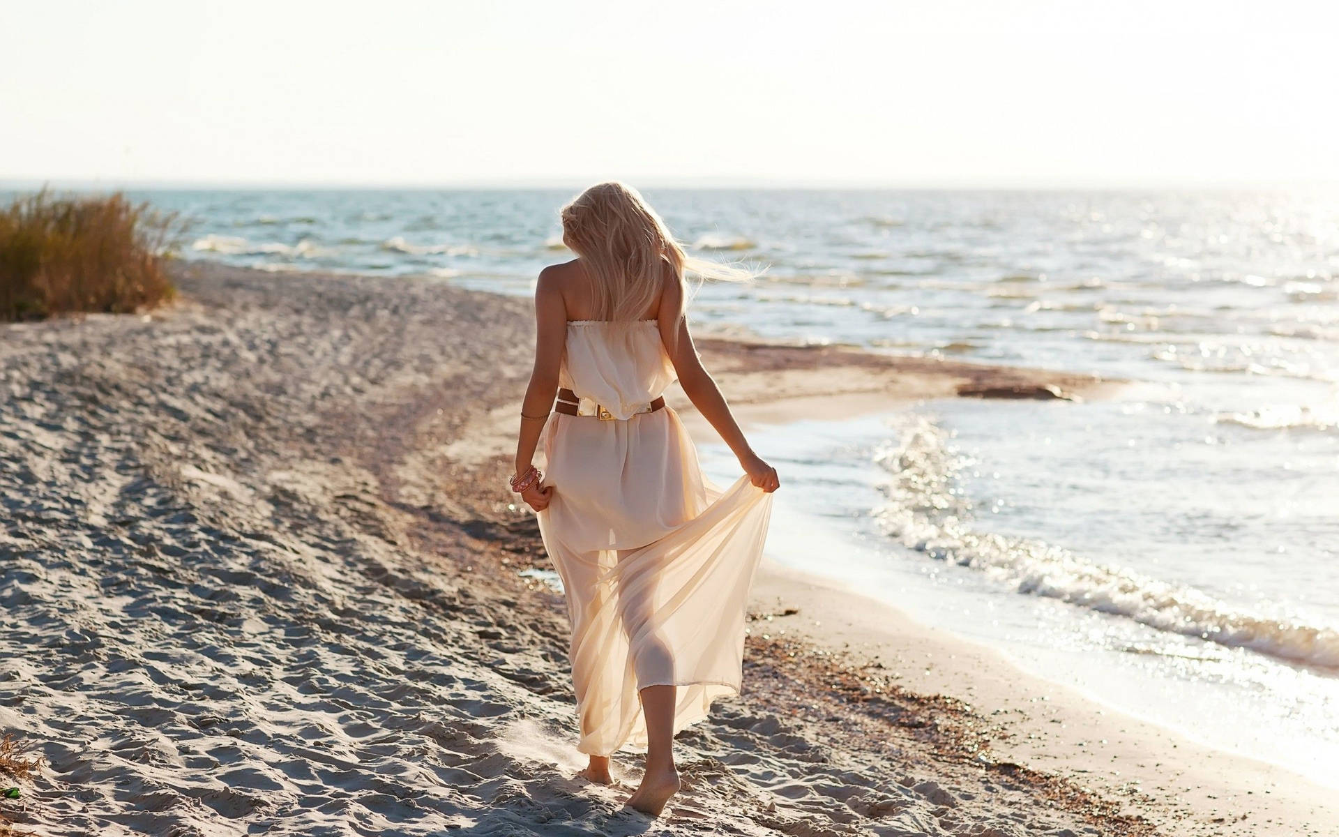 Woman Beach White Dress Background