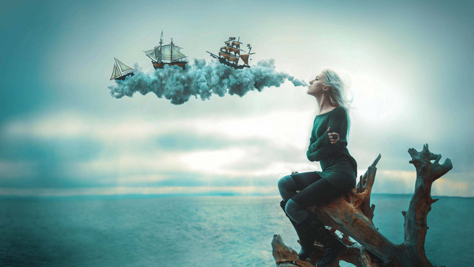 Woman Blowing Sailing Ships Background