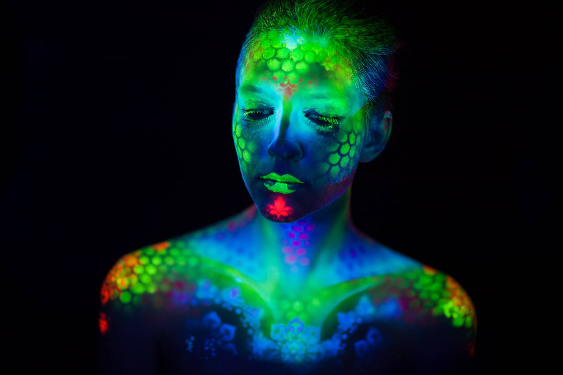Woman Body Painted With Neon Green