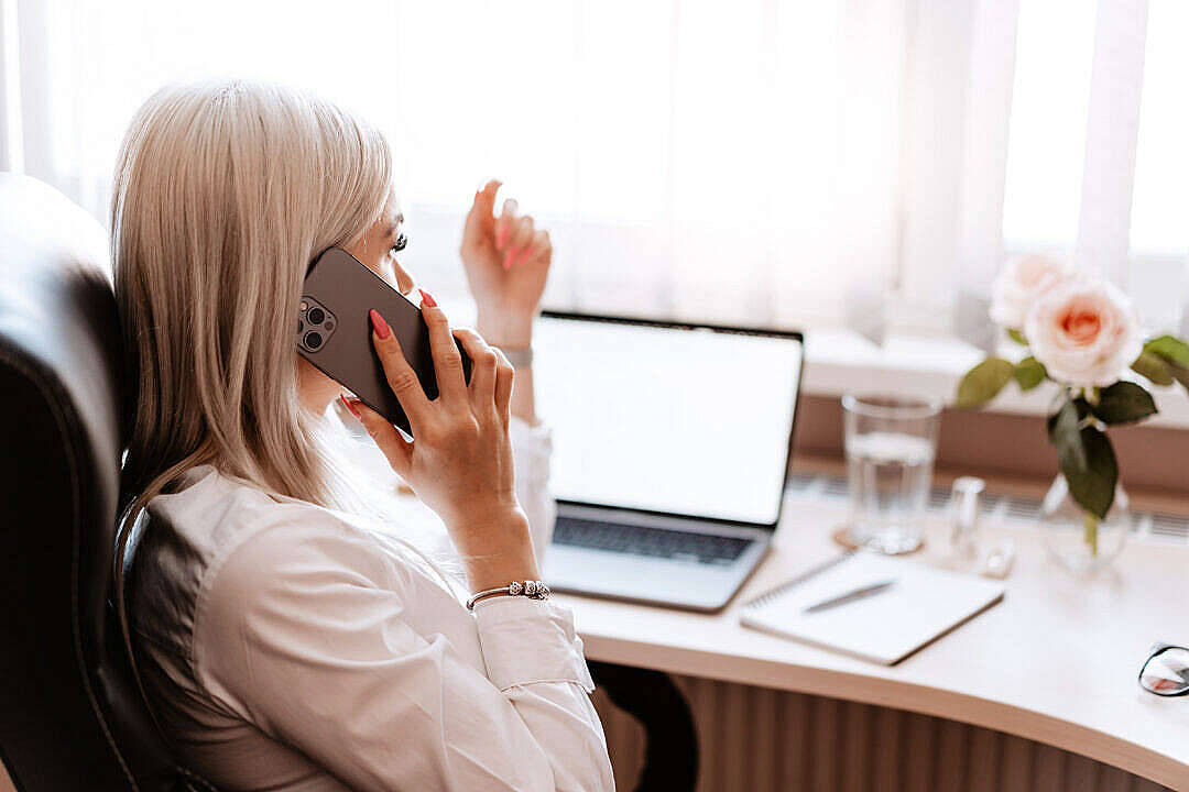 Woman Conducting Business Call At Home Office Background