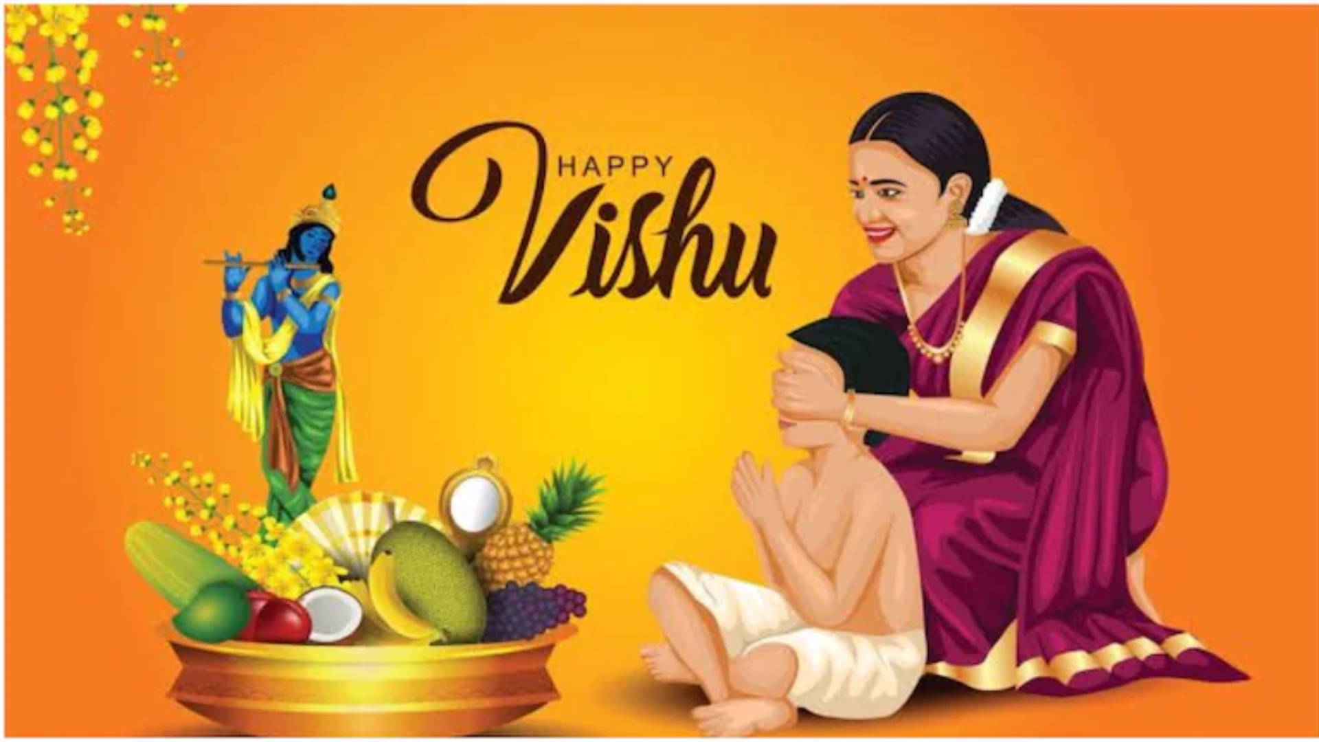 Woman Covering Son’s Eyes During Happy Vishu Celebration Background