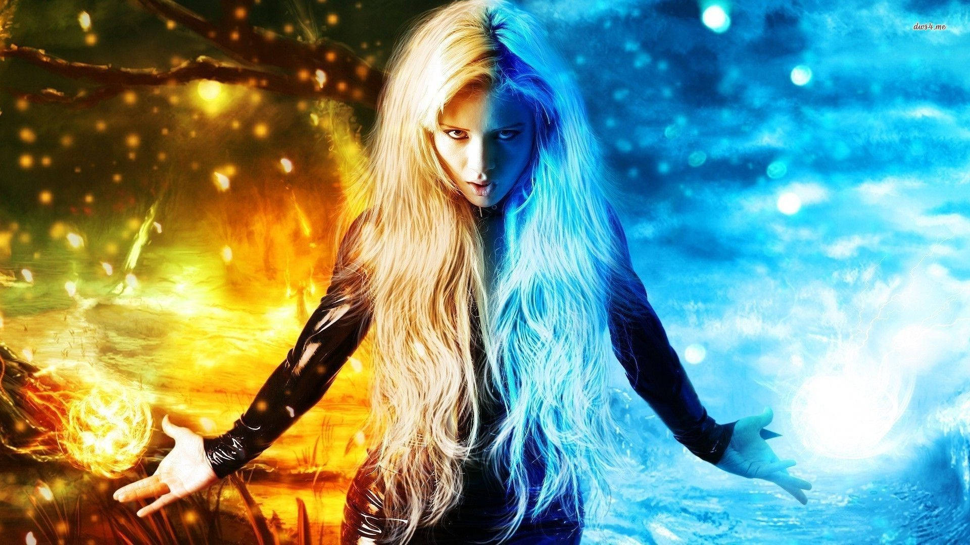 Woman Dressed In Fire And Ice Background
