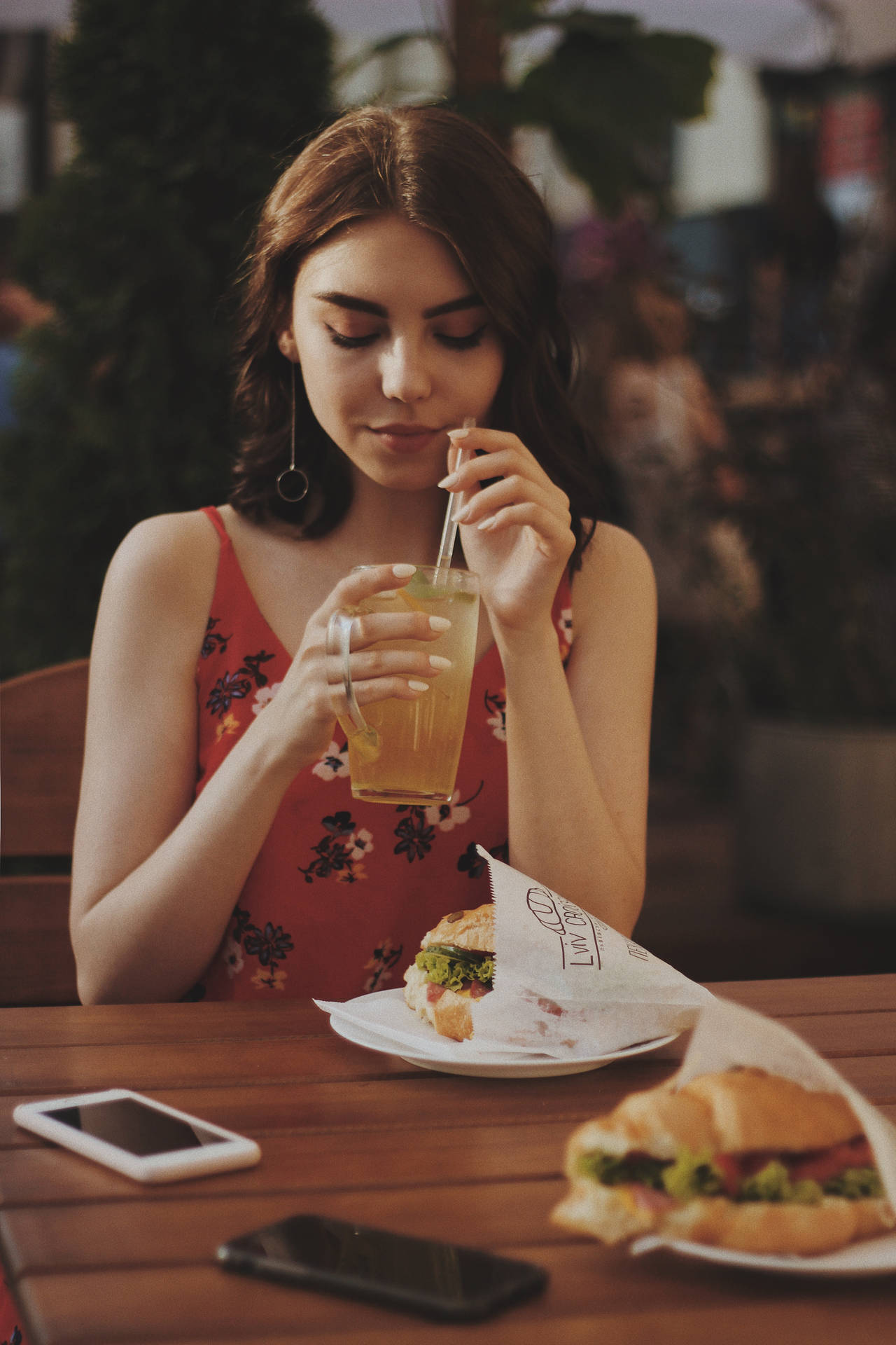 Woman Drinking Food Iphone