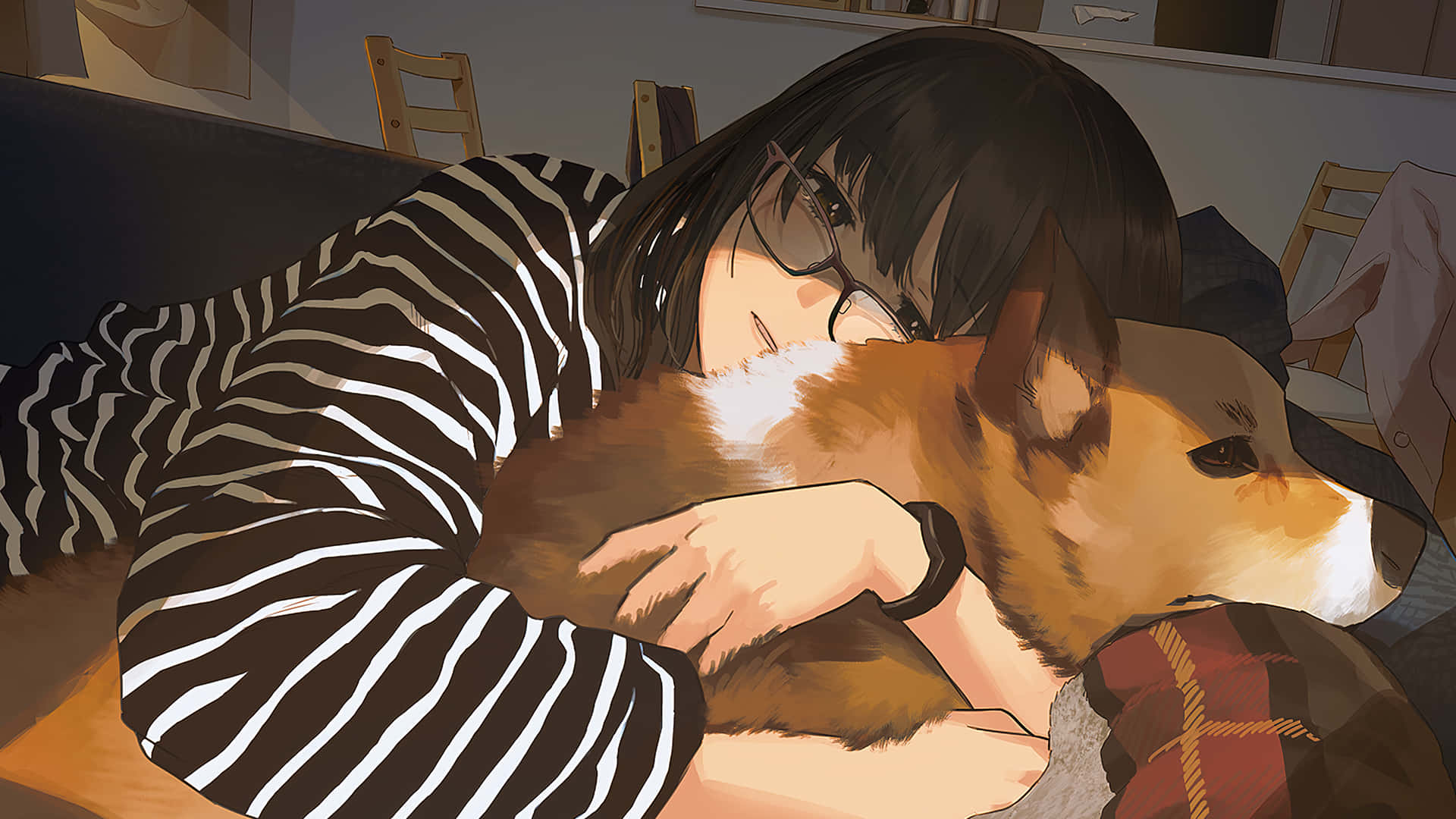 Woman Embracing Dog Cozy Home Scene Background