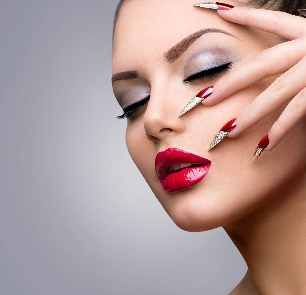 Woman Face Red Grey Nails