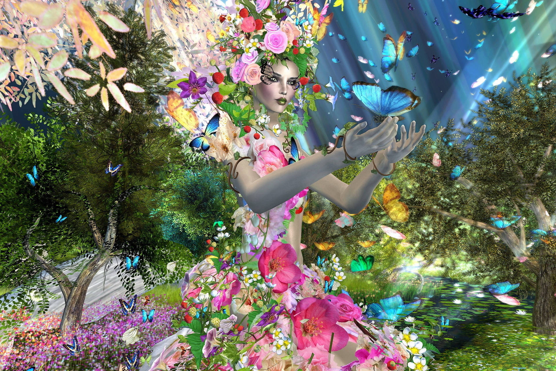 Woman Flowers And Butterflies Fantasy Art