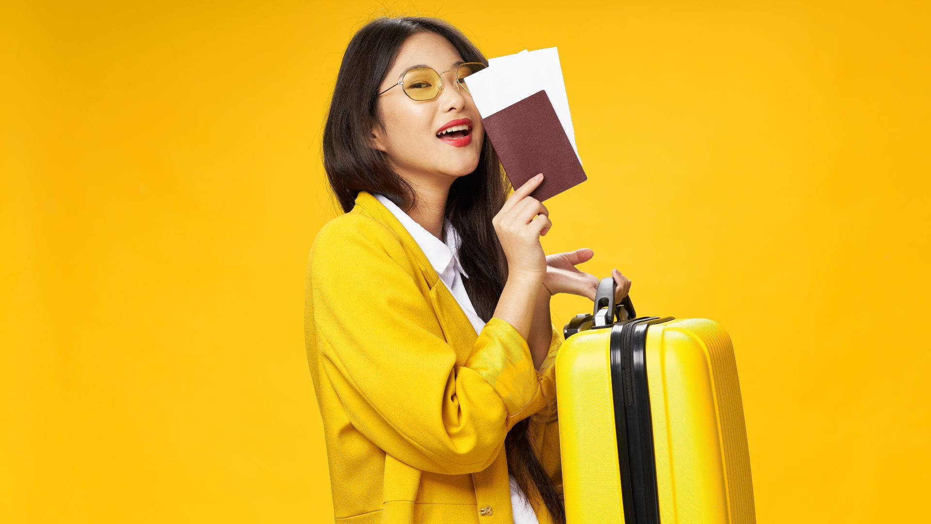 Woman Holding Passport And Yellow Suitcase Background