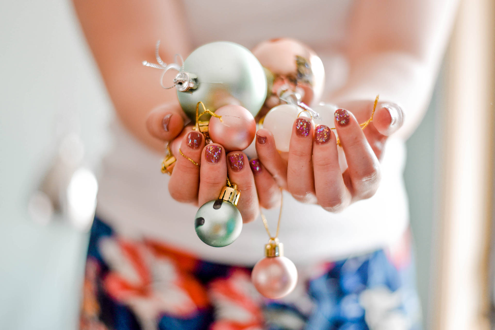 Woman Holding Pretty Christmas Balls Background