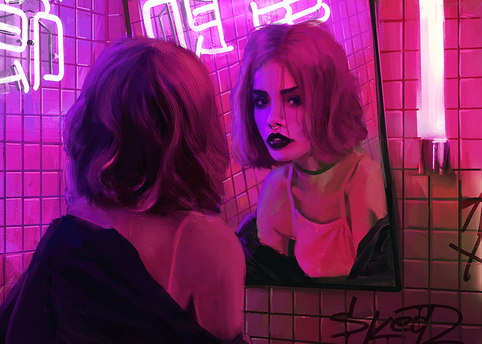 Woman In Bathroom With Neon Pink Lights Background