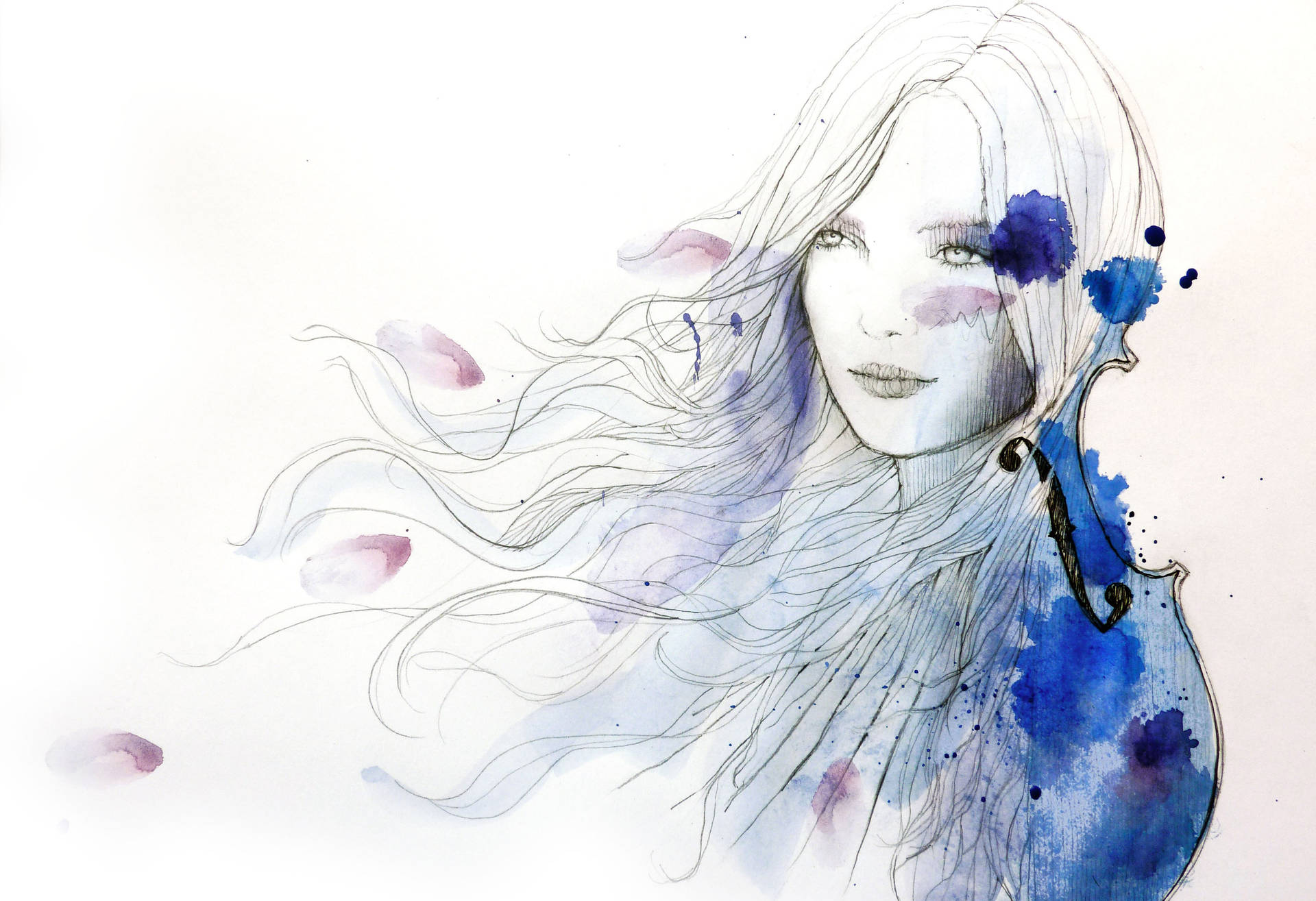 Woman In Watercolor Drawing Background