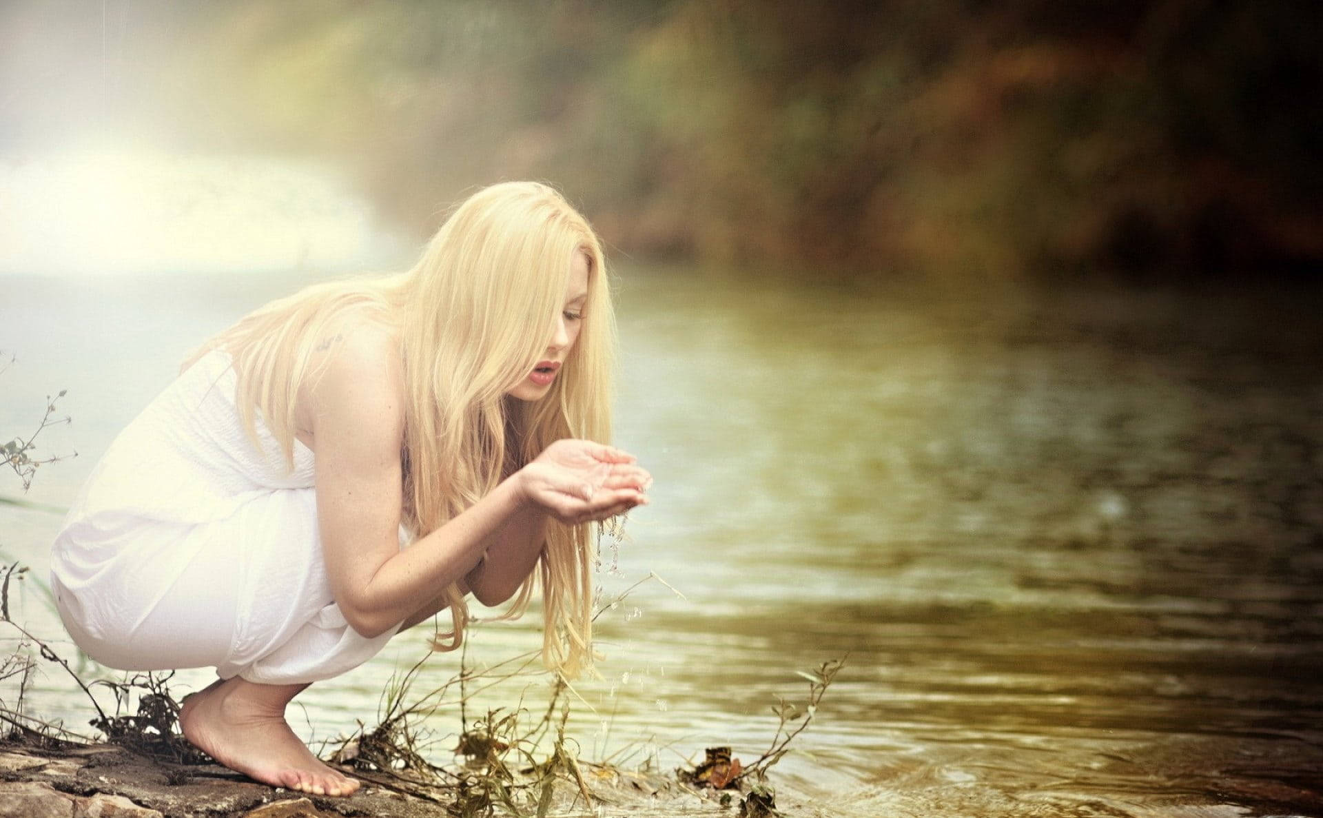 Woman In White Dress Drinking Water Background