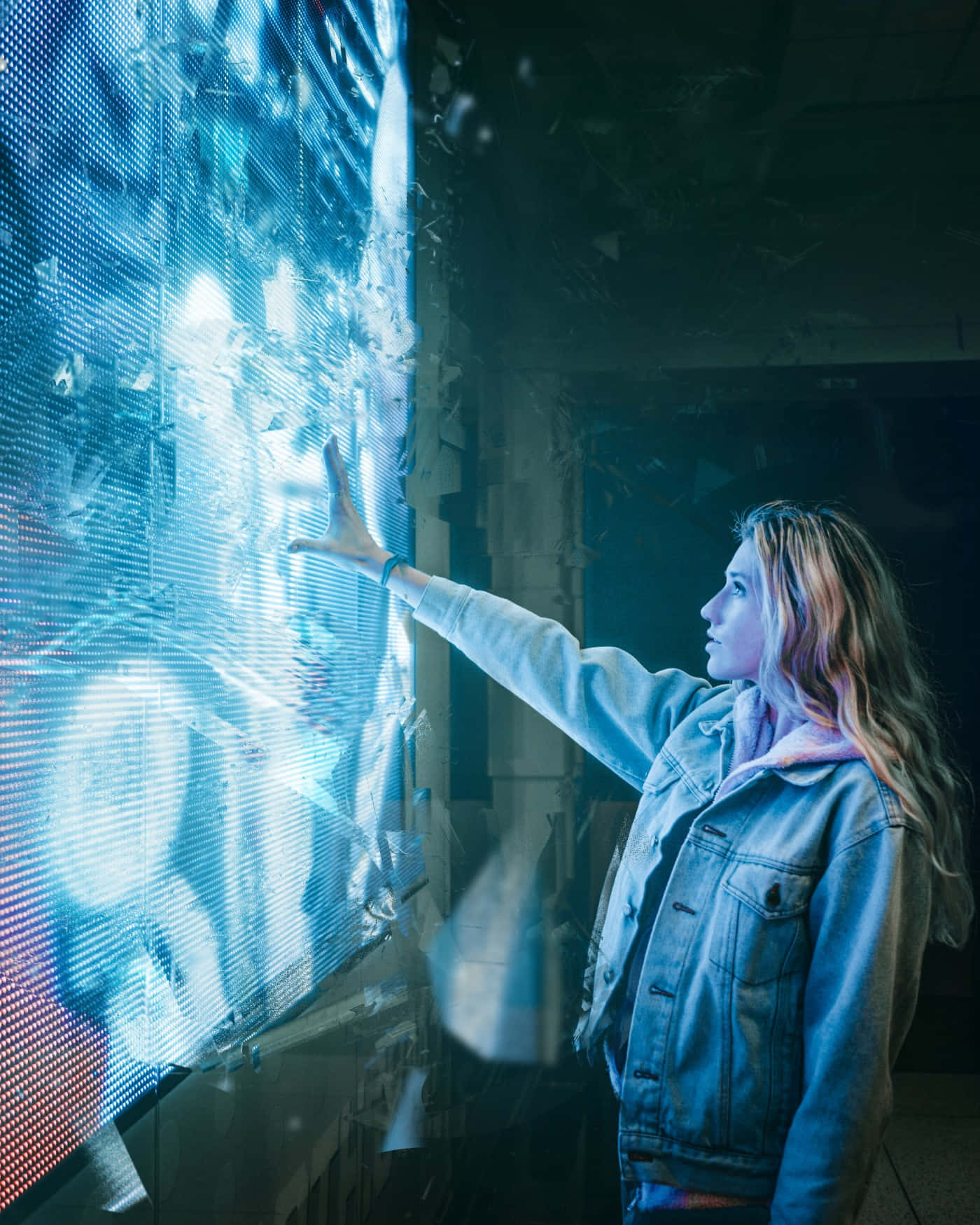 Woman Interactingwith Broken L E D Screen Background