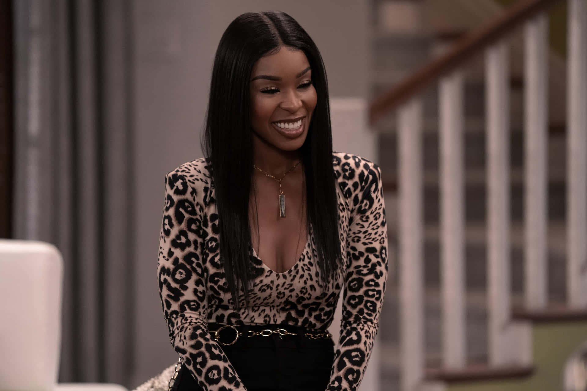 Woman Laughing Leopard Print Top