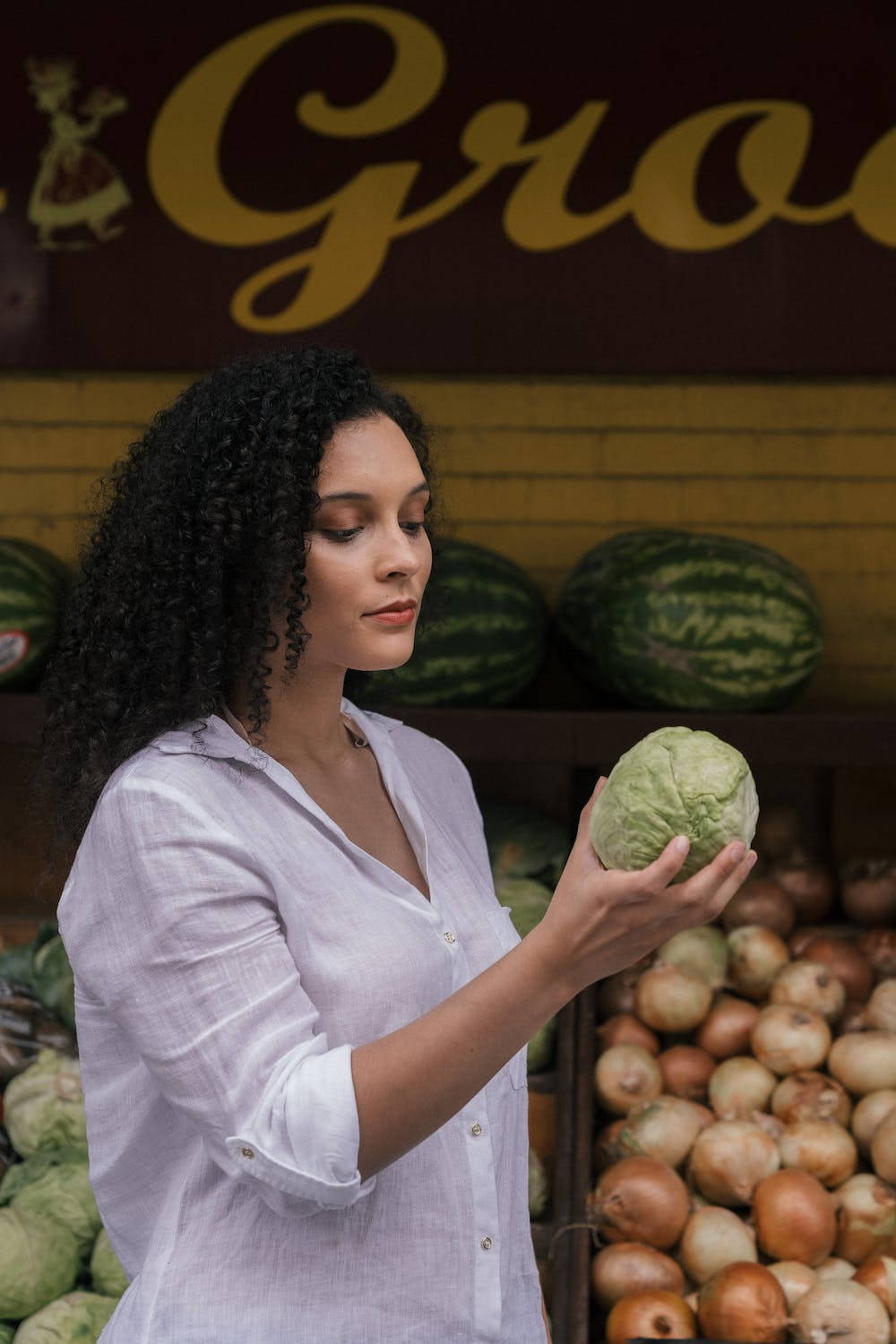 Woman Looking Cabbage Background