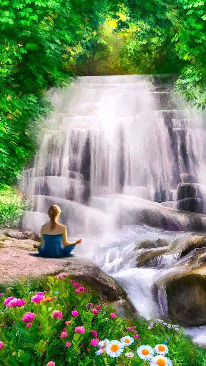 Woman Meditating Beautiful Waterfall Background