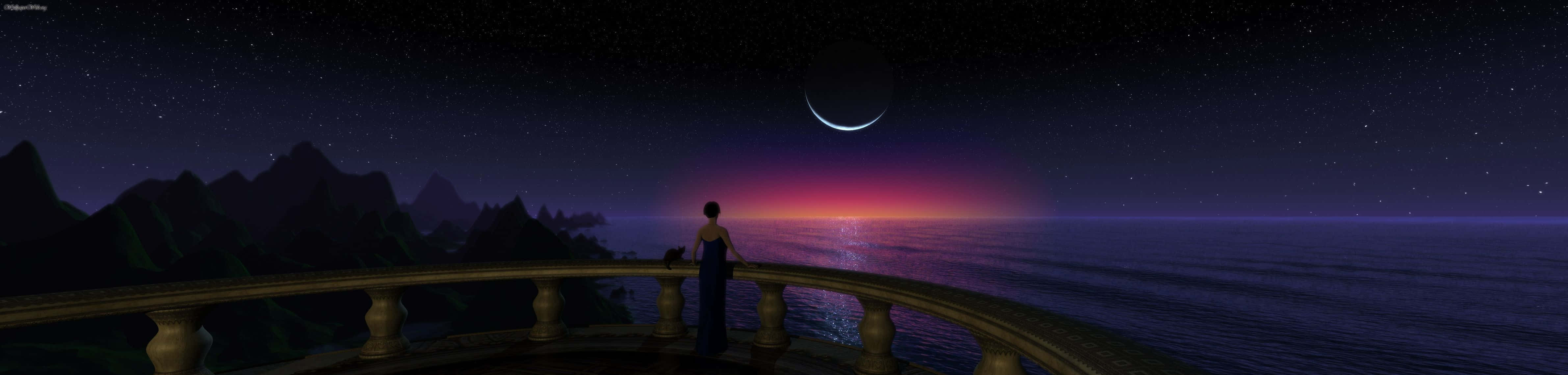 Woman On Balcony Dark Triple Monitor