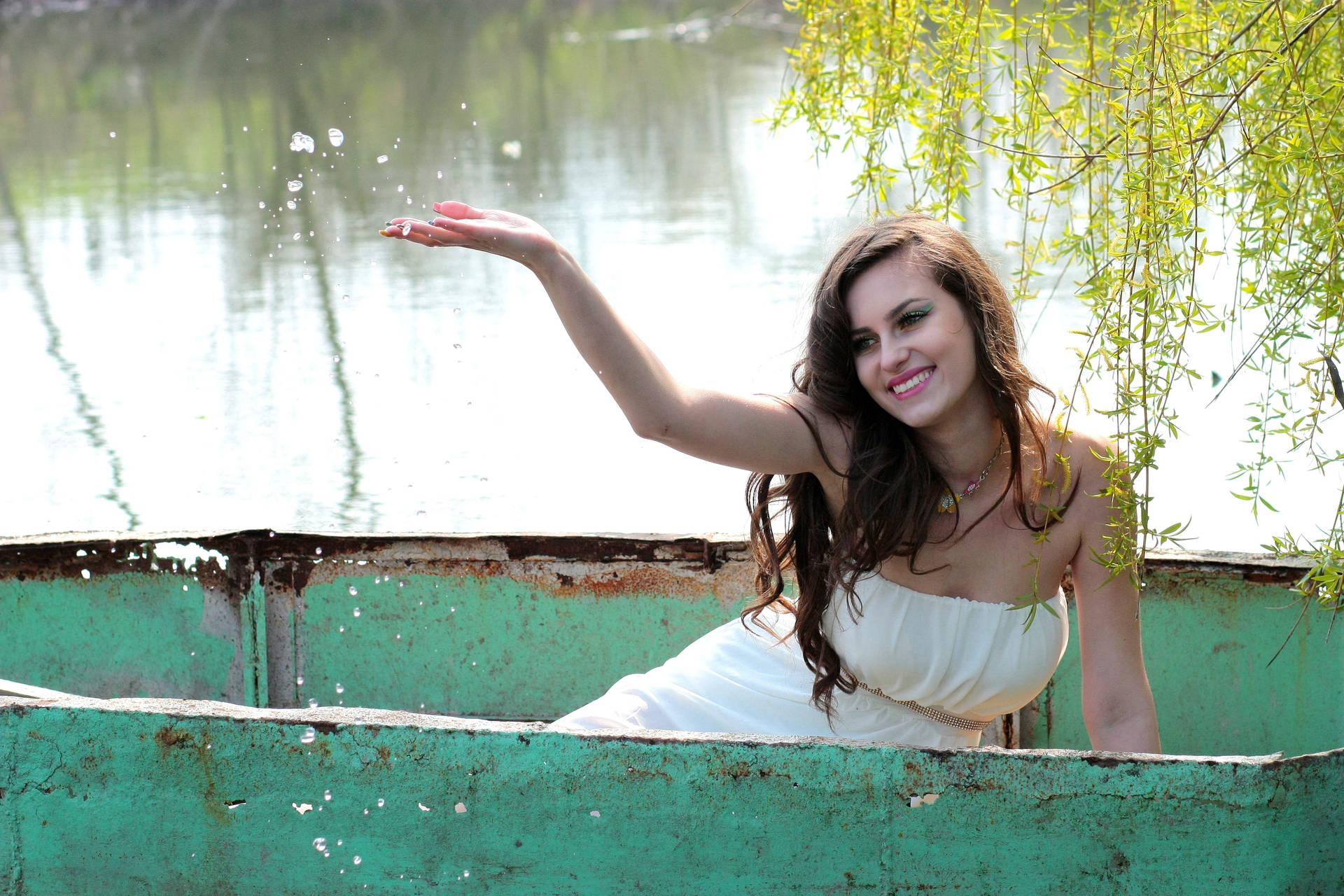 Woman On Boat With Cute Smile Background