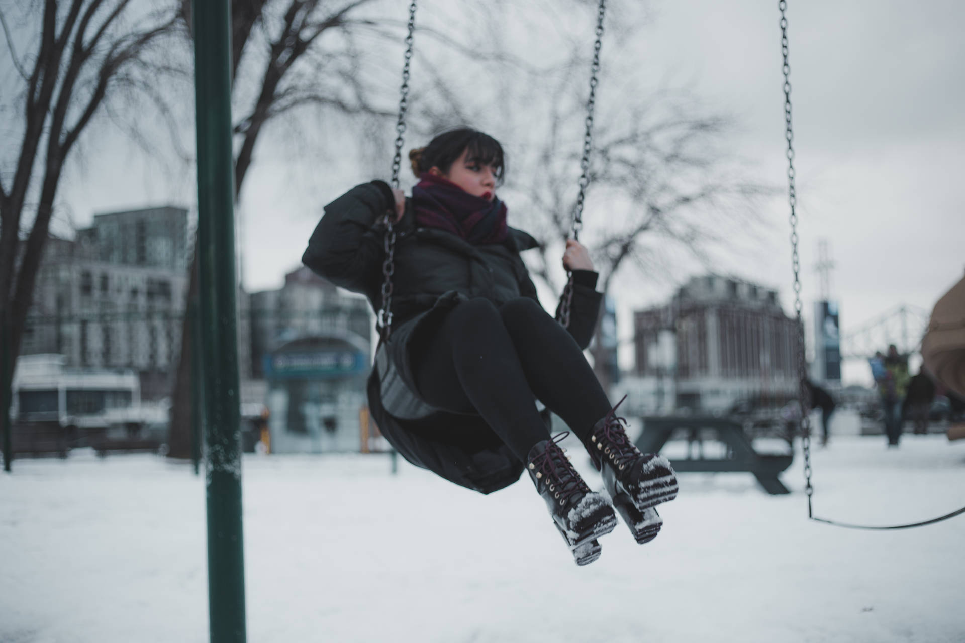 Woman On Playground Swing Background