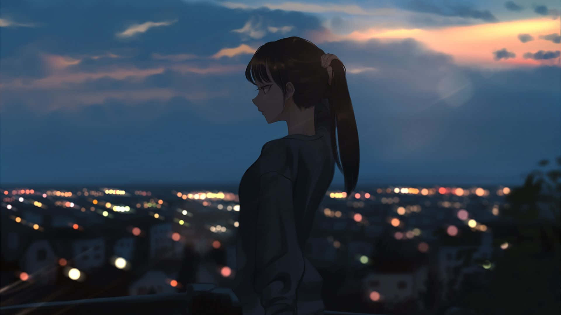 Woman Overlooks Night Anime Cityscape Background