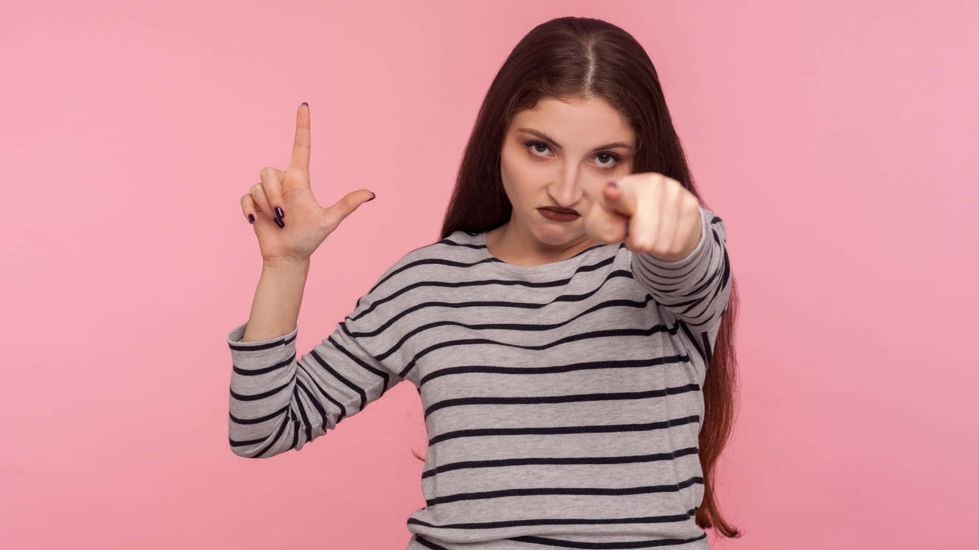 Woman Pointing Finger Gesture Pink Background