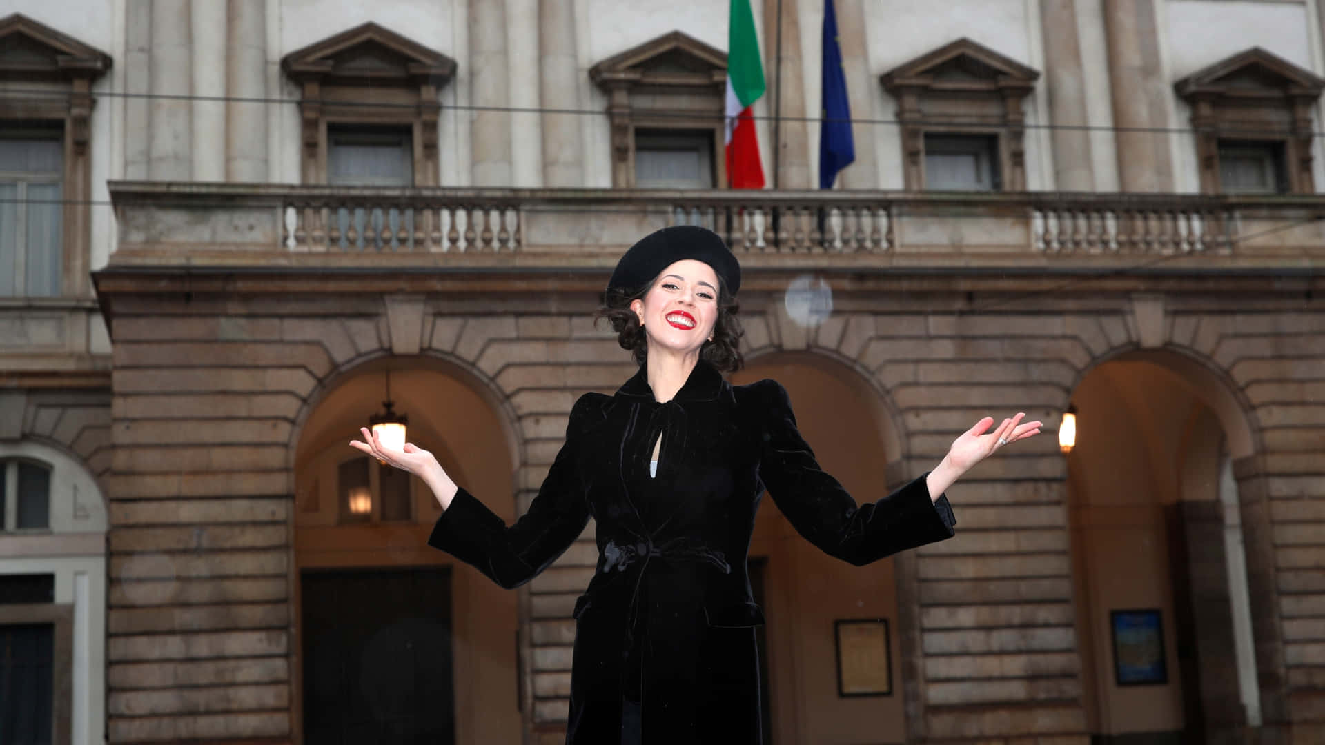 Woman Posing Outside La Scala Opera House Background