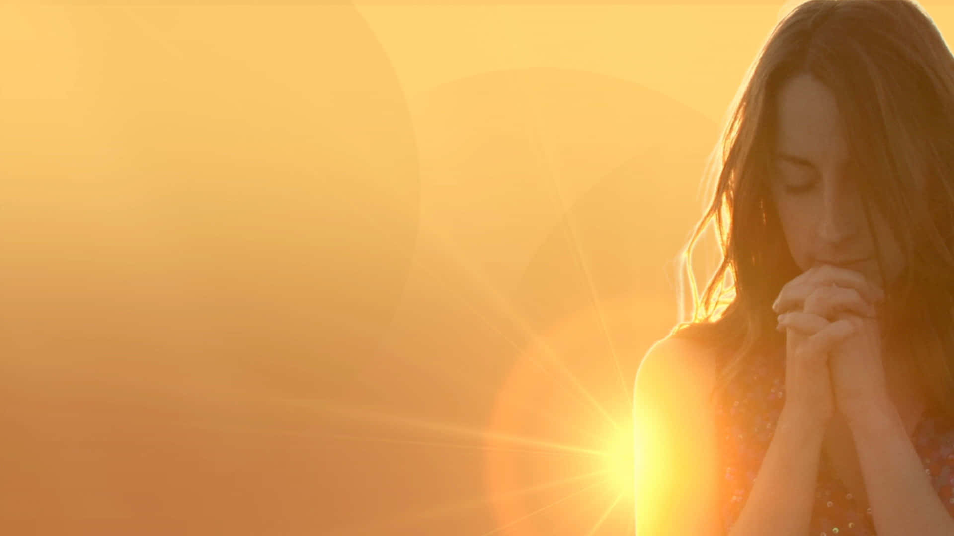 Woman Praying Golden Sunset Shot Background