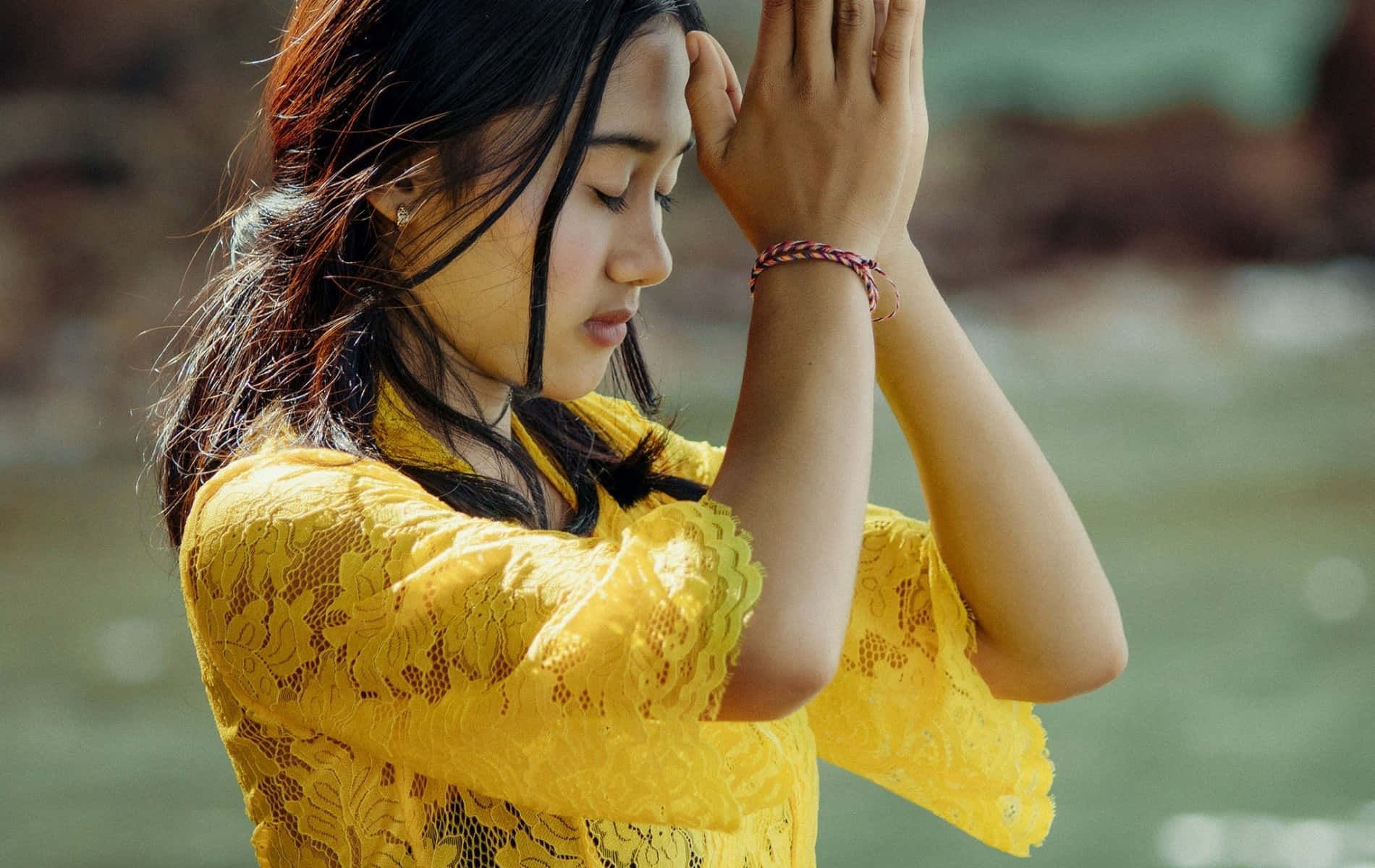 Woman Praying In The River Background