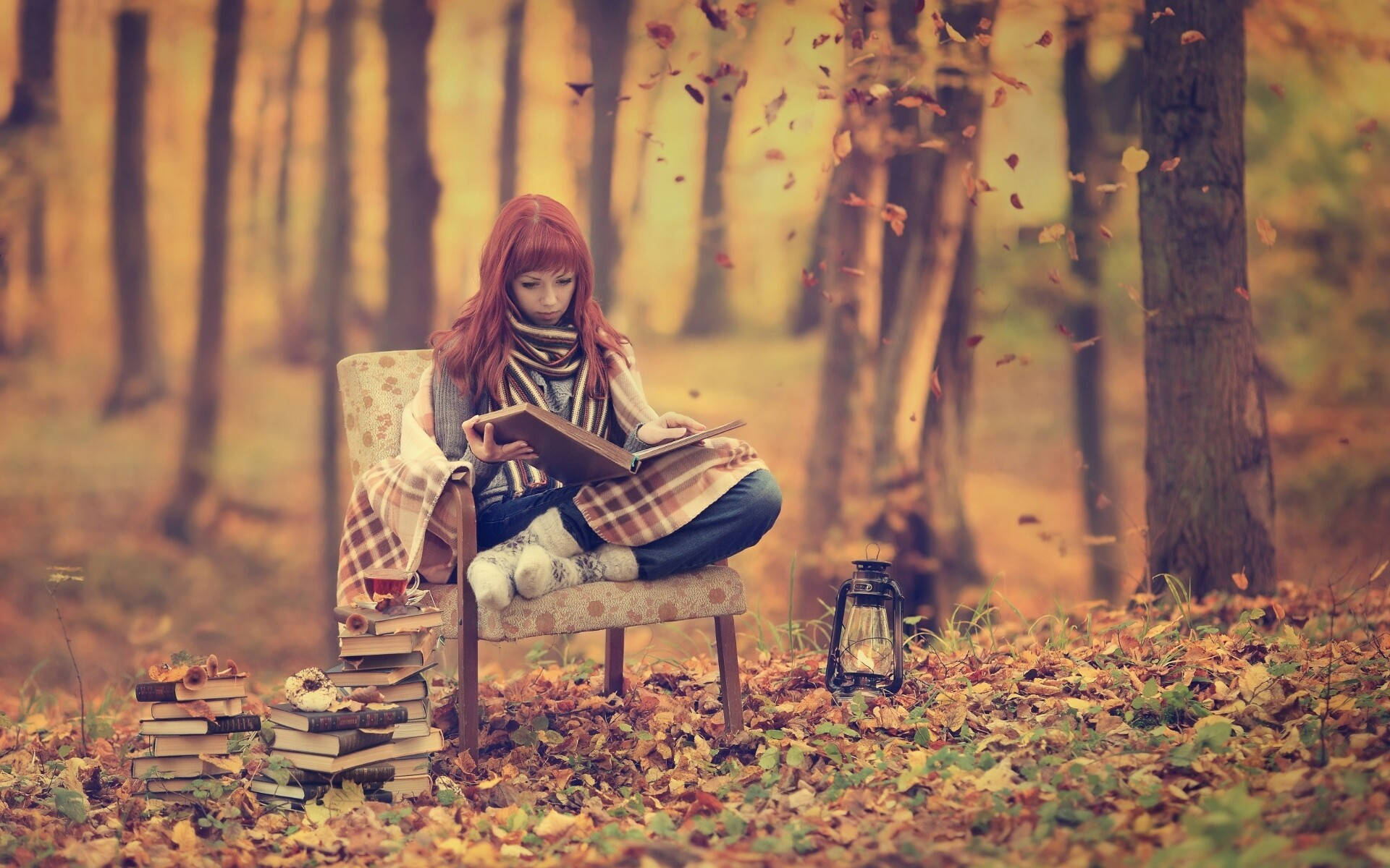 Woman Reading In Autumn Forest Background