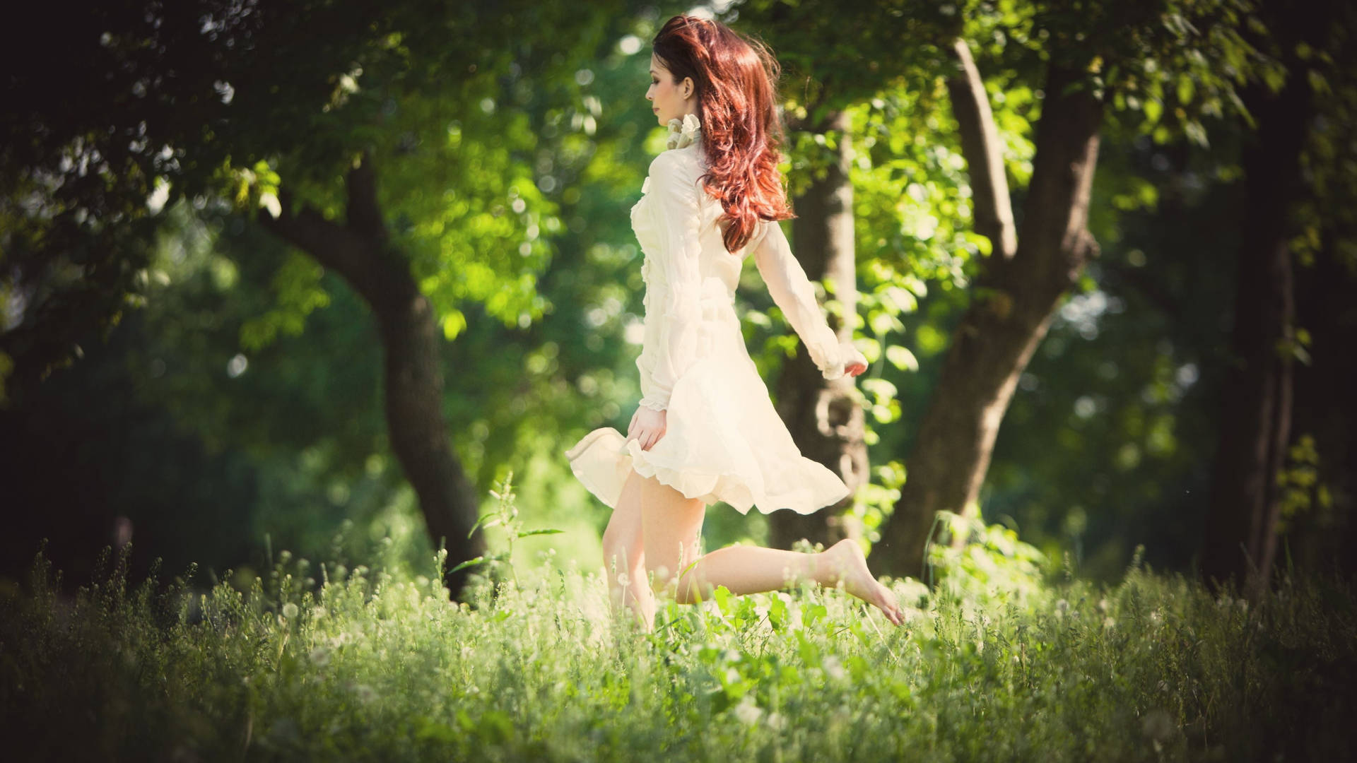 Woman Running In Forest Background