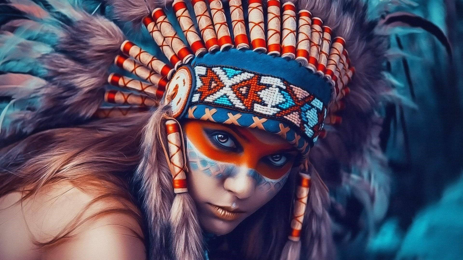 Woman's Face Wearing Native Headpiece Background