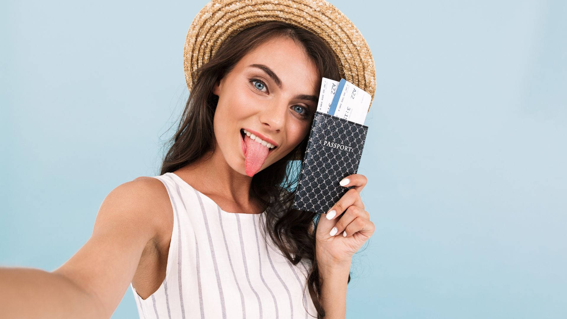 Woman Selfie With Passport Background