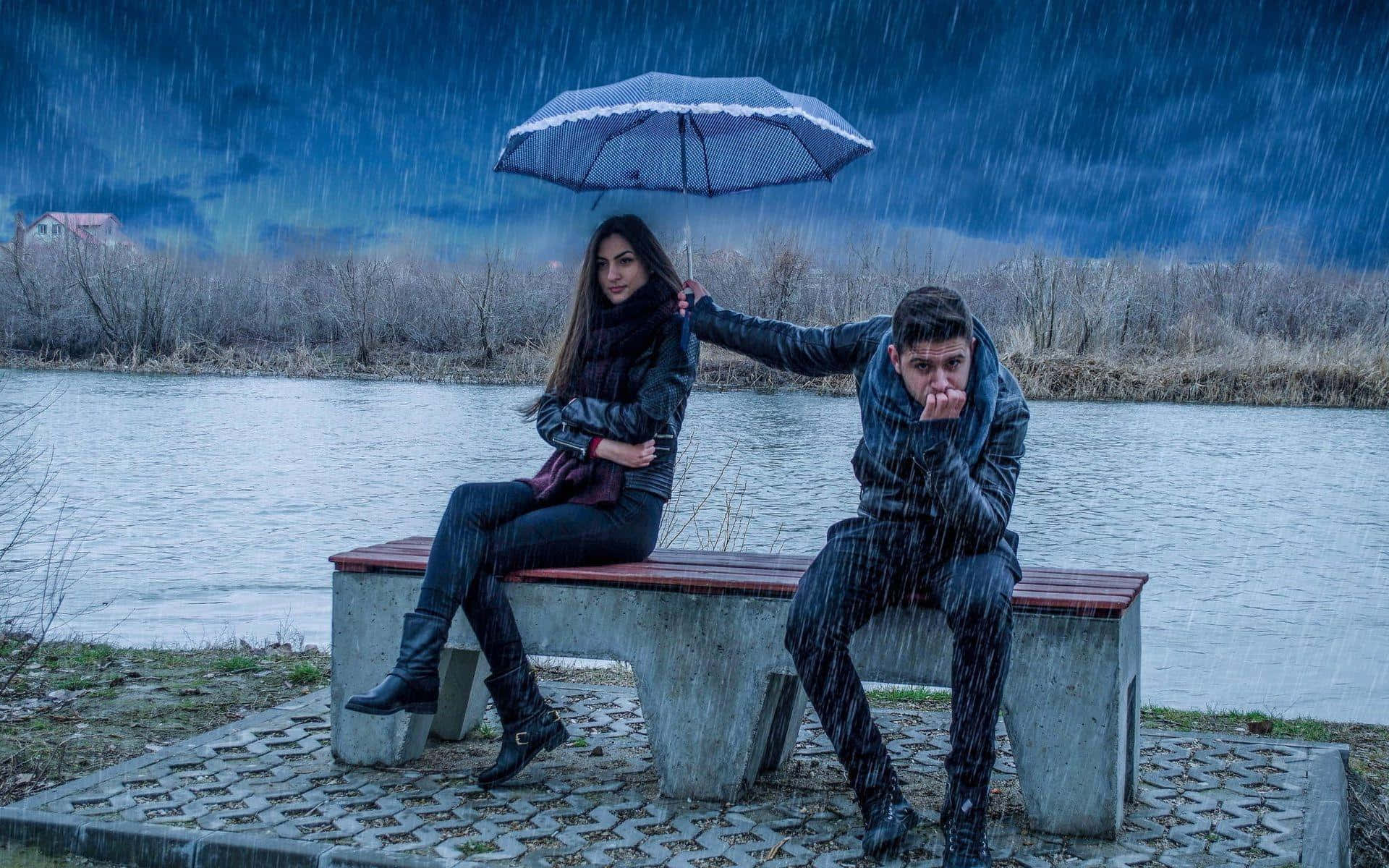 Woman Shielding Man With Umbrella Rainy Weather Background