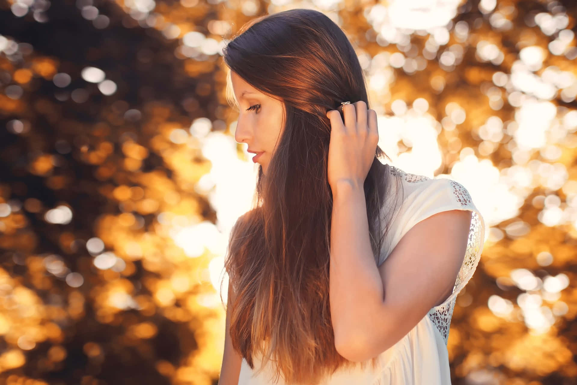 Woman Side Profile With Autumn Trees Background