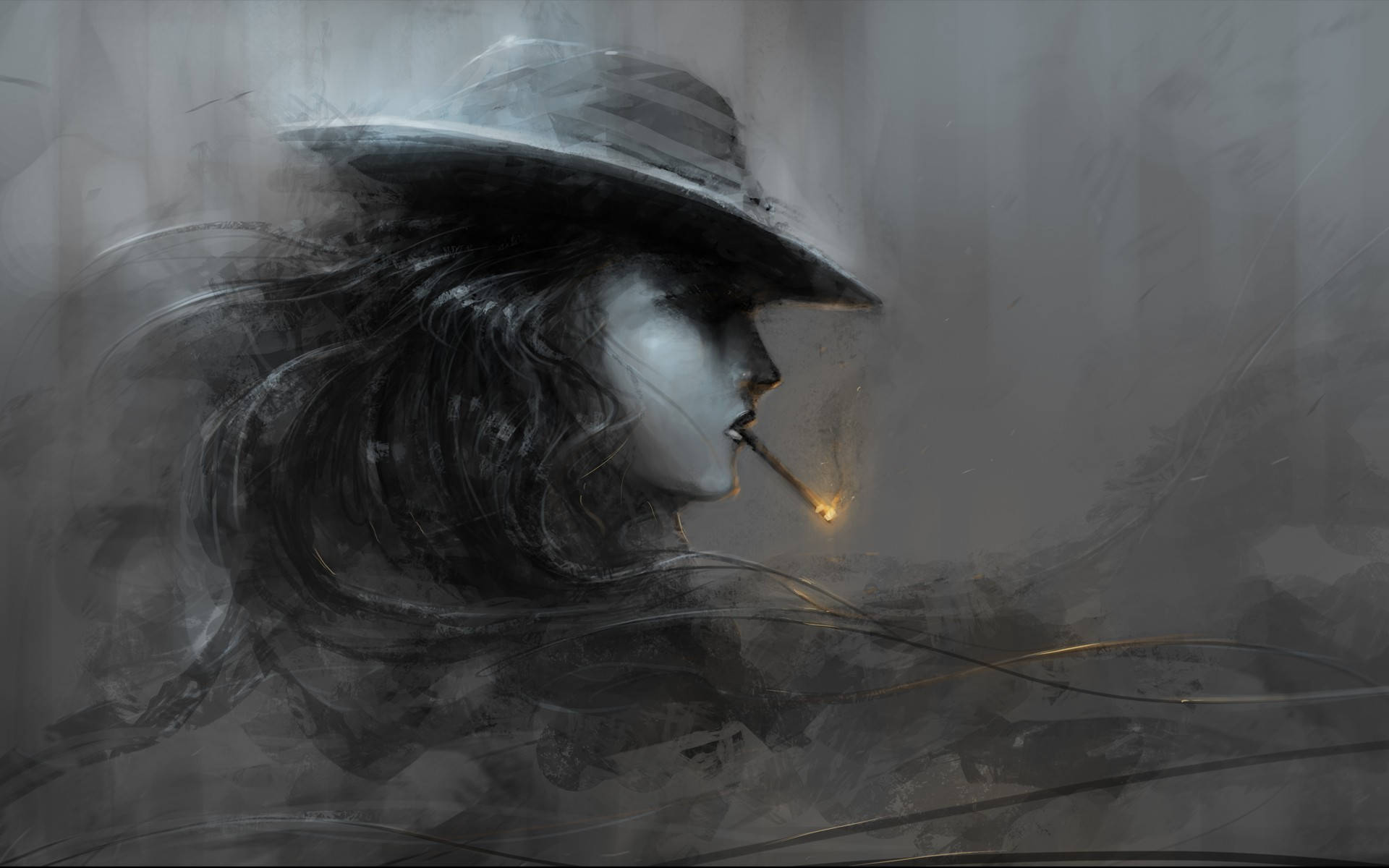 Woman Smoking Black Art Background
