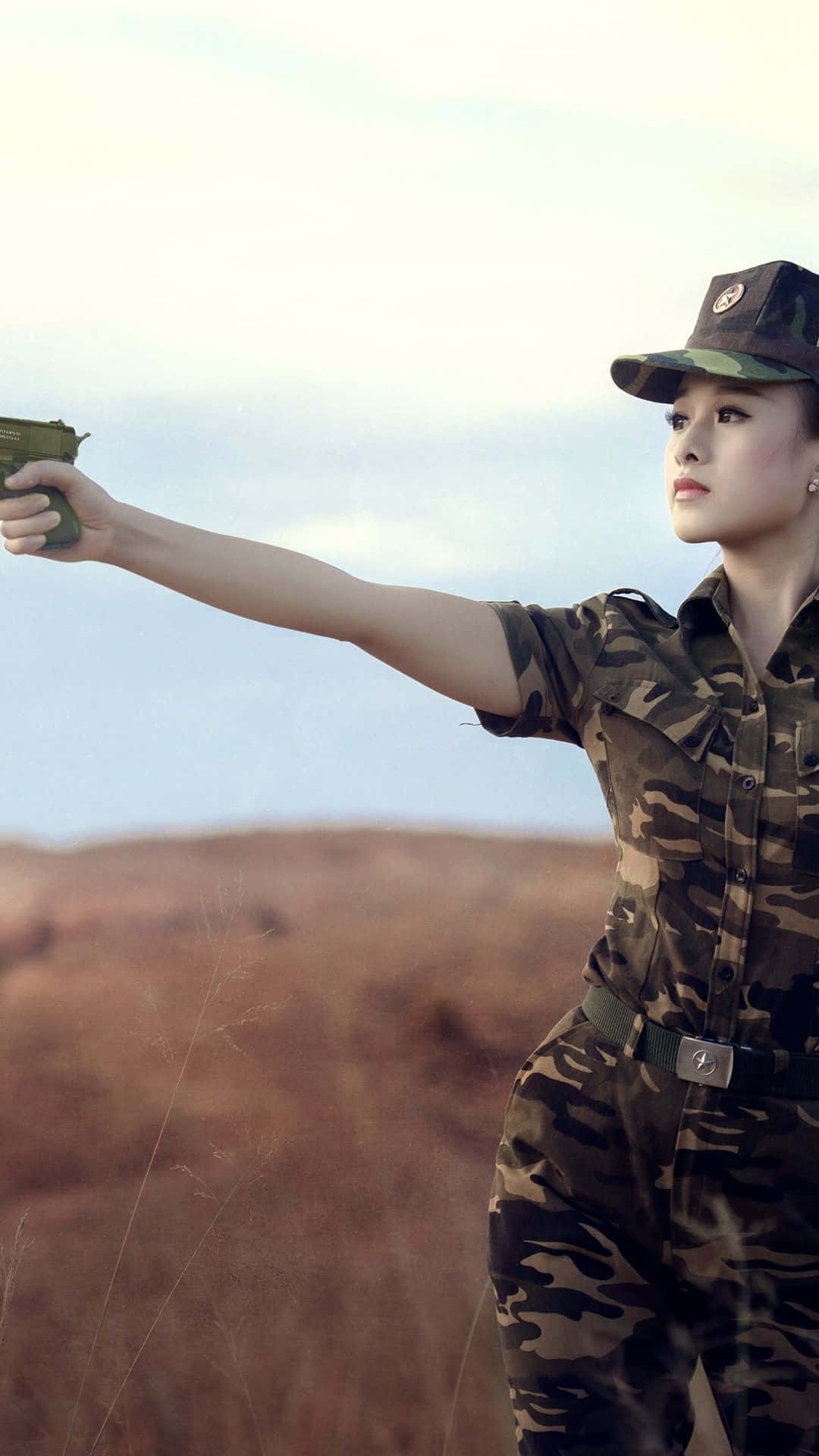 Woman Soldier Holding Gun Uniform Background