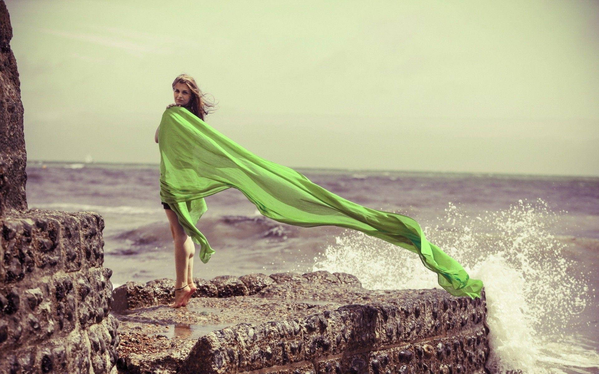 Woman Standing Near The Sea Windy