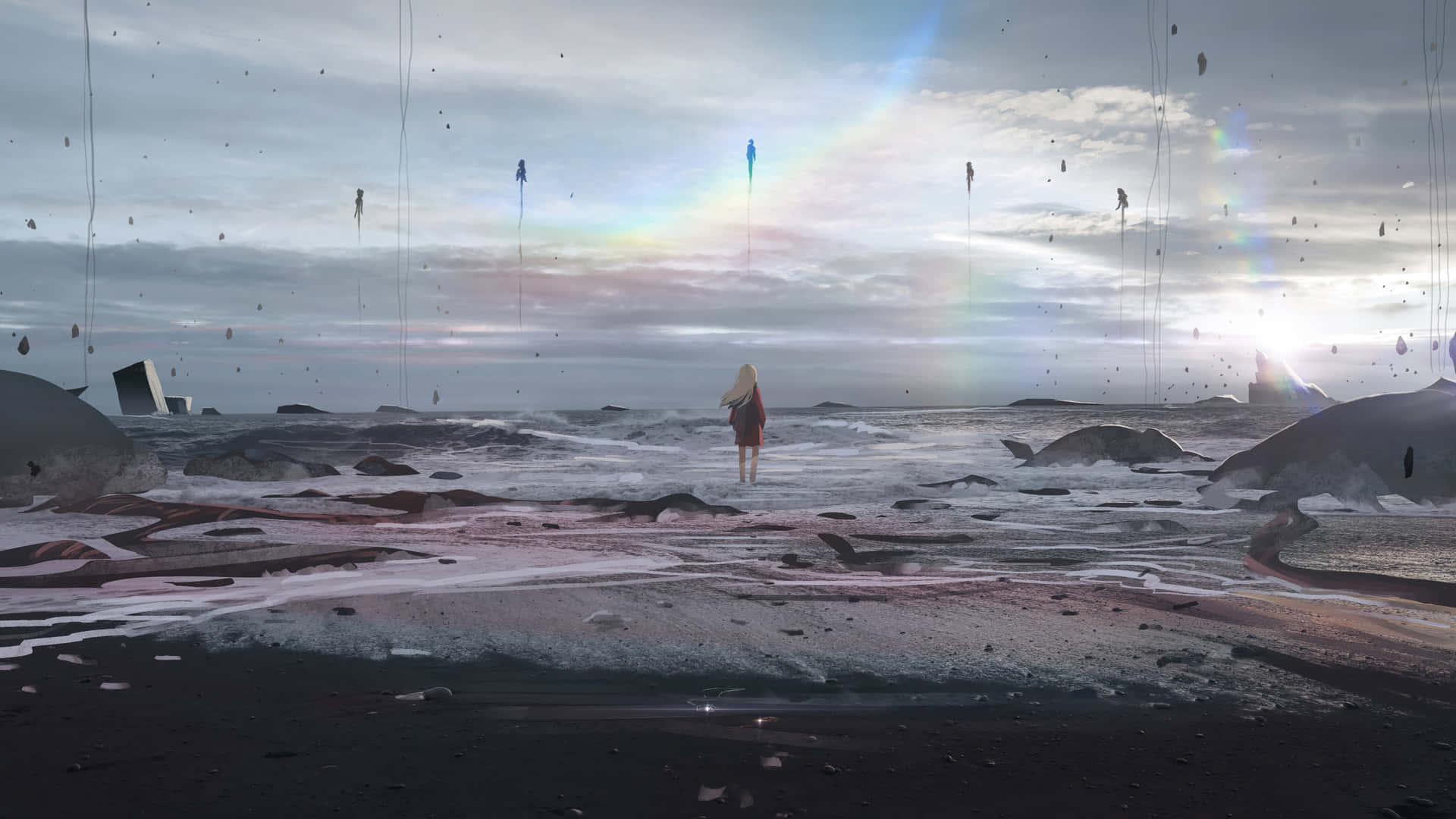 Woman Stranded At The Beach Background